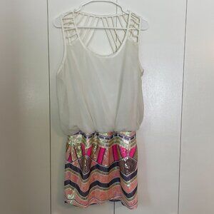 Sequins White and Pink Open Back Mini Party Dress - Large